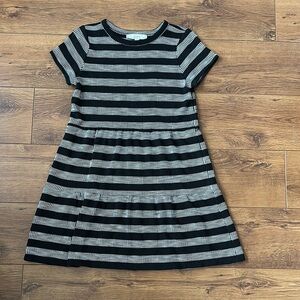 LOFT Black and Gray Tiered A-line Dress with Short Sleeves and Crew Neck